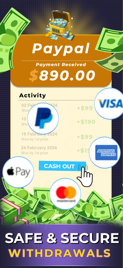 Block Puzzle: Win Real Money! - Mobile app screen showing safe and secure withdrawal options with PayPal payment confirmation and transaction history.