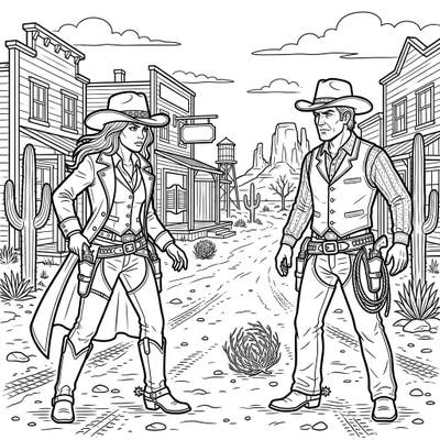 Step into the dusty streets of the Wild West with this thrilling gunslinger standoff coloring page. Capture the tension and excitement of a classic duel, bringing iconic Western characters and scenery to life with your favorite colors.