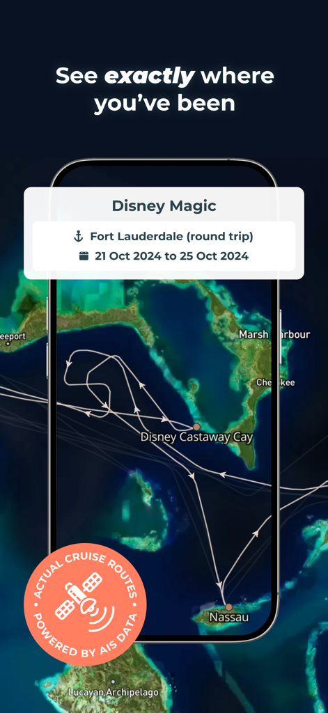 The Cruise Globe - A mobile app screen showing a historical cruise route map for the Disney Magic ship powered by AIS satellite data
