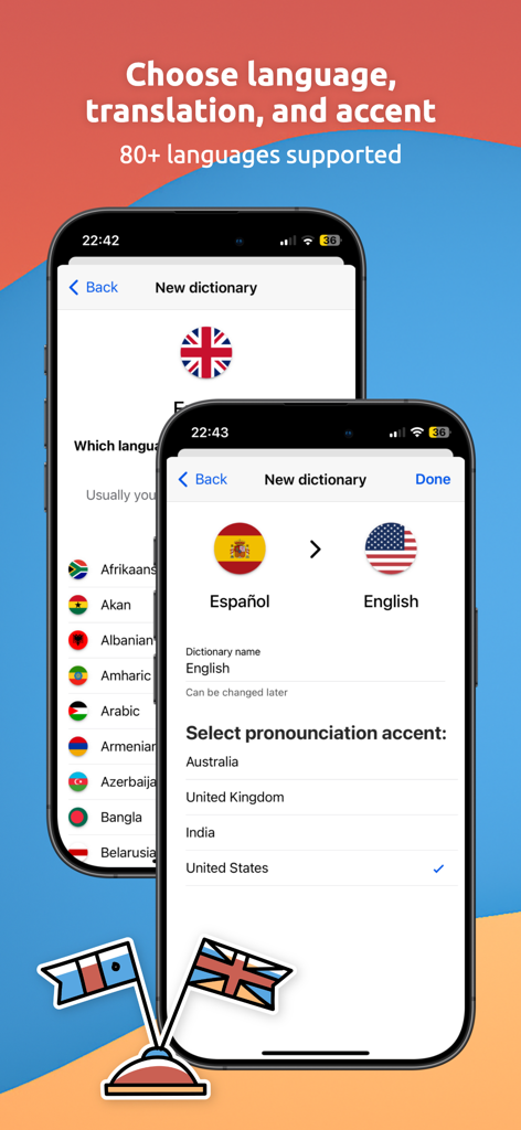 EveryWord: Memorize by Heart - Interface of EveryWord app showing the selection of languages and pronunciation accents for a new dictionary.