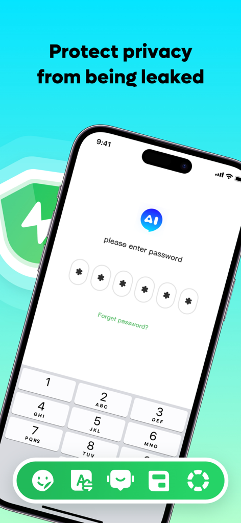 A smartphone displaying the password lock screen of the AIBooster app for privacy protection.