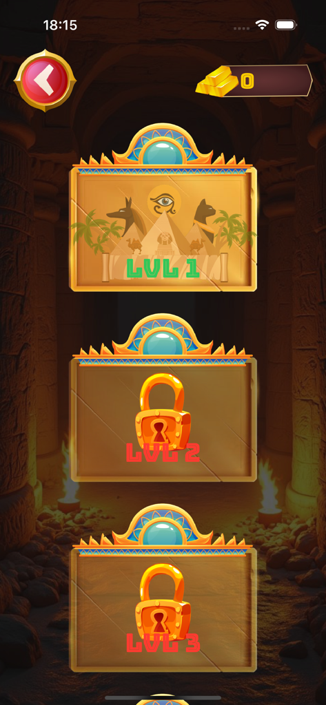 Egyptian Enigma - Level selection menu in Egyptian Enigma showing an unlocked first level with ancient motifs and locked subsequent levels with gold padlocks.
