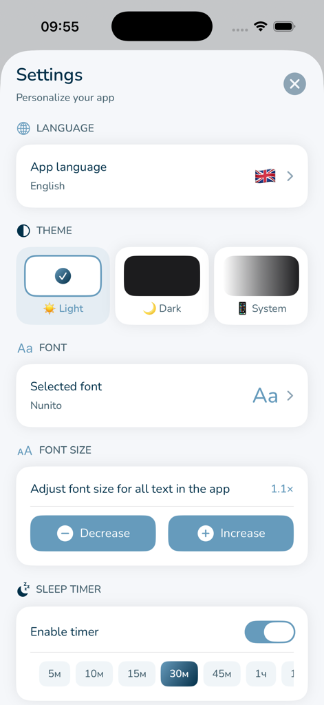 Voxi Book Player - Settings screen of Voxi Book Player app showing options for language theme font size and sleep timer