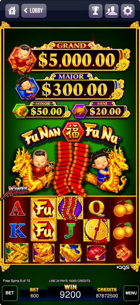 Lucky Play Casino Slots Games - Lucky Play Casino Fu Nan Fu Nu slot machine game interface featuring Asian themed graphics and four progressive jackpot tiers
