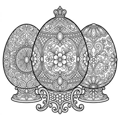 Immerse yourself in the luxurious world of Faberge-style Easter eggs with this stunning coloring page. Featuring incredibly intricate designs, delicate scrollwork, and sparkling gem-like details, it offers a truly regal coloring experience.