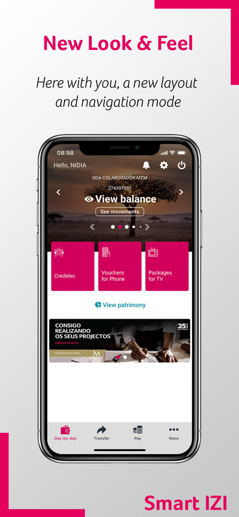 Millennium bim Smart IZI - Panel de banca móvil Millennium bim Smart IZI mostrando la vista del saldo de la cuenta y las opciones de pago de servicios públicos