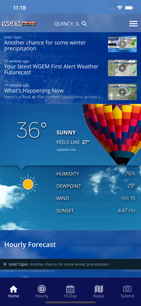 WGEM First Alert Weather App home screen displaying current temperature and forecast for Quincy Illinois