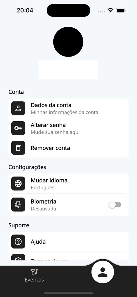 Total Acesso Facial - Pantalla de perfil de la aplicación móvil Total Acesso Facial que muestra la configuración de la cuenta para datos biométricos e idioma