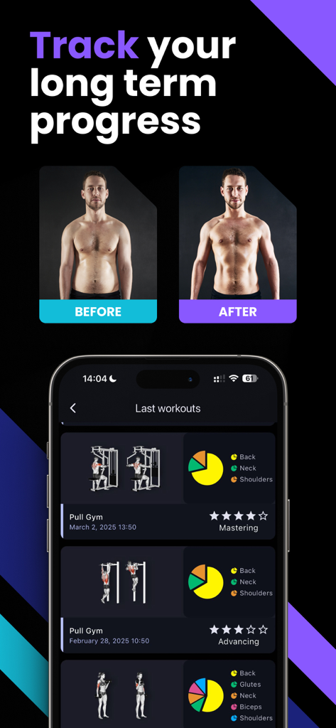 Heft - Exercise Tracker & Log - Before and after transformation photos and workout history log in the Heft exercise tracker app