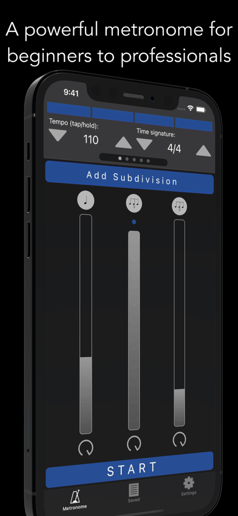 Metronomics Metronome - Metronomics Metronome app interface showing tempo and rhythmic subdivision controls on an iPhone