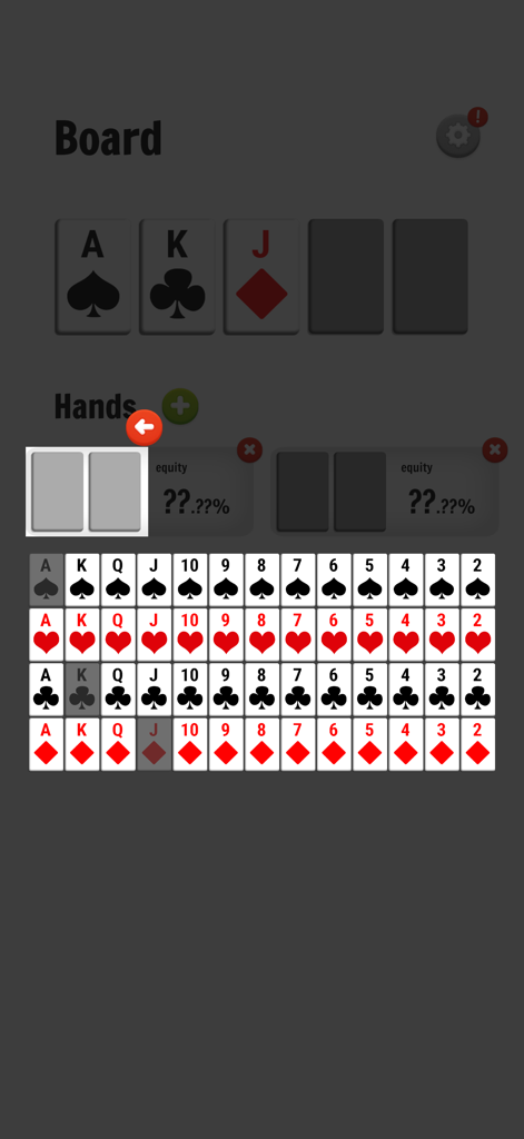Interface for selecting community and hand cards in a poker odds calculator app