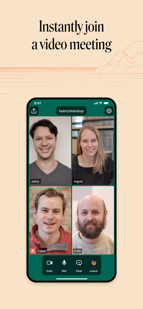 Eine Gruppen-Videoanruf-Oberfläche der Whereby-App, die vier Teilnehmer in einer Gitteransicht zeigt
