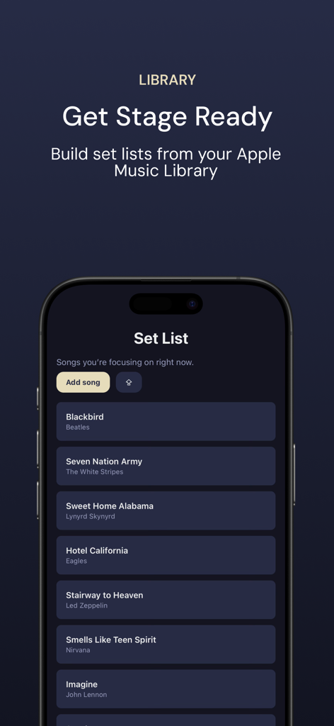 Pantalla de lista de canciones del Diario de Práctica Musical que muestra una lista de canciones importadas para practicar