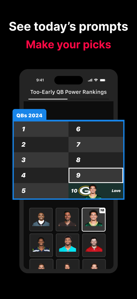 User interface for selecting and ranking NFL quarterbacks in the YKB app