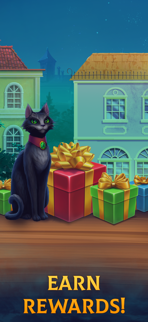 Clockmaker: Match 3 Puzzles - Un gato negro con un collar rojo sentado junto a coloridas cajas de regalo y el texto 'gana recompensas' en un escenario de pueblo misterioso