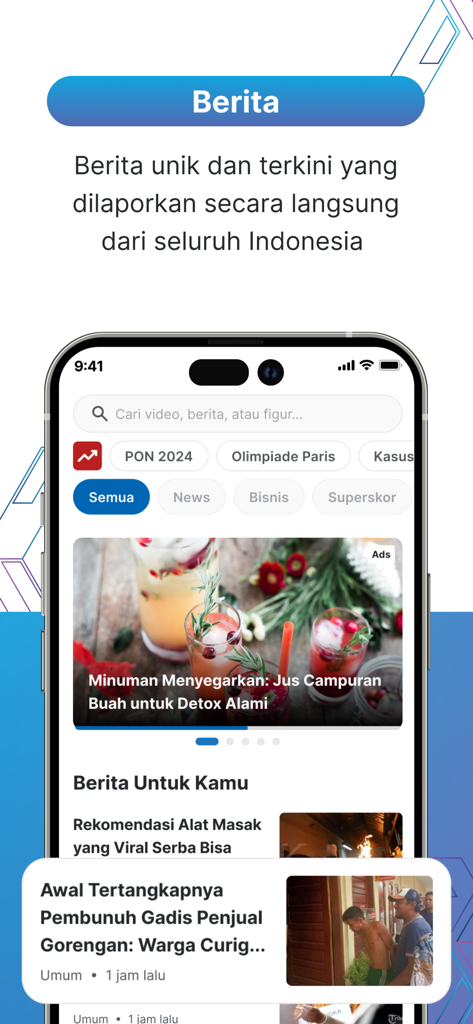 Mobile interface of TribunX app showing local Indonesian news headlines and categories