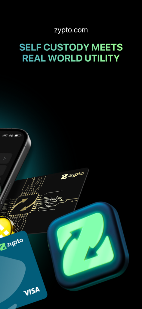 Zypto Crypto & Bitcoin Wallet - Zypto mobile app interface with physical and virtual crypto payment cards showcasing self custody and real world utility.