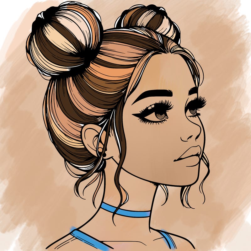 realistic girl with buns on the top of her head