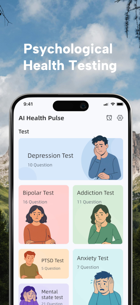 AI Health Pulse - Heart Rate - Interface do aplicativo AI Health Pulse mostrando testes de saúde psicológica para depressão, ansiedade, transtorno bipolar e TEPT.