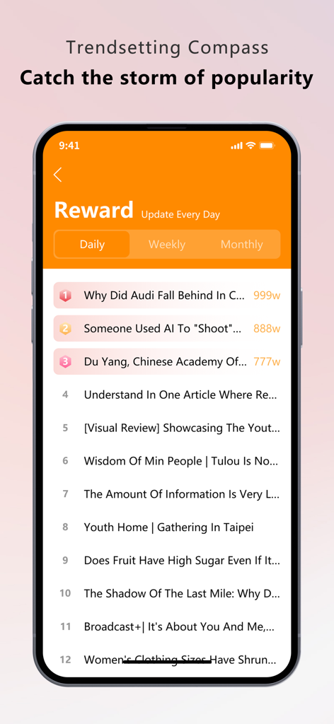 Pantalla de recompensas de la aplicación SSTT que muestra una lista de artículos y temas de noticias populares de tendencia.
