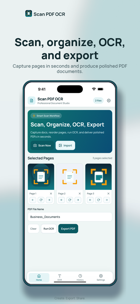 Scan PDF: OCR & Doc Scanner - Interface of the Scan PDF OCR app showing options to scan, organize, run OCR, and export documents on a mobile device.