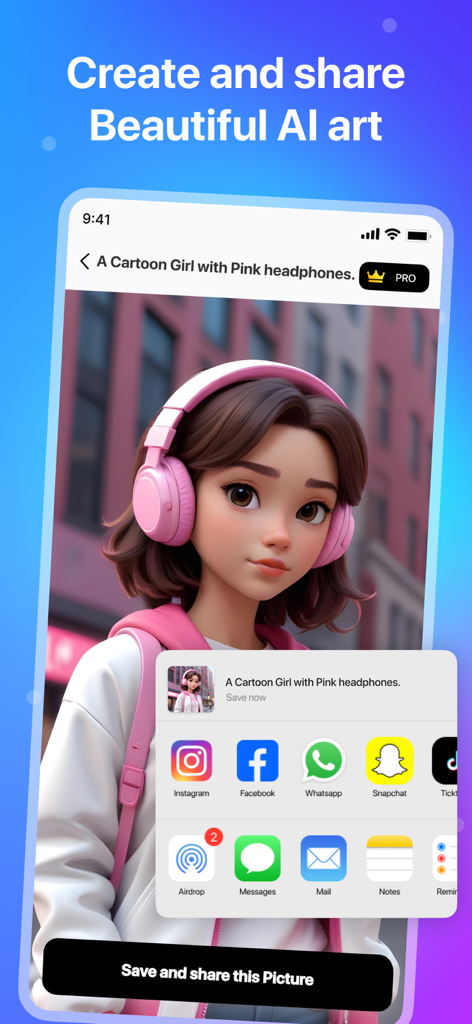 AI Figurine：AI Image Generator - ピンクのヘッドフォンをつけたAI生成のカートゥーン風の少女とソーシャルメディア共有メニュー。