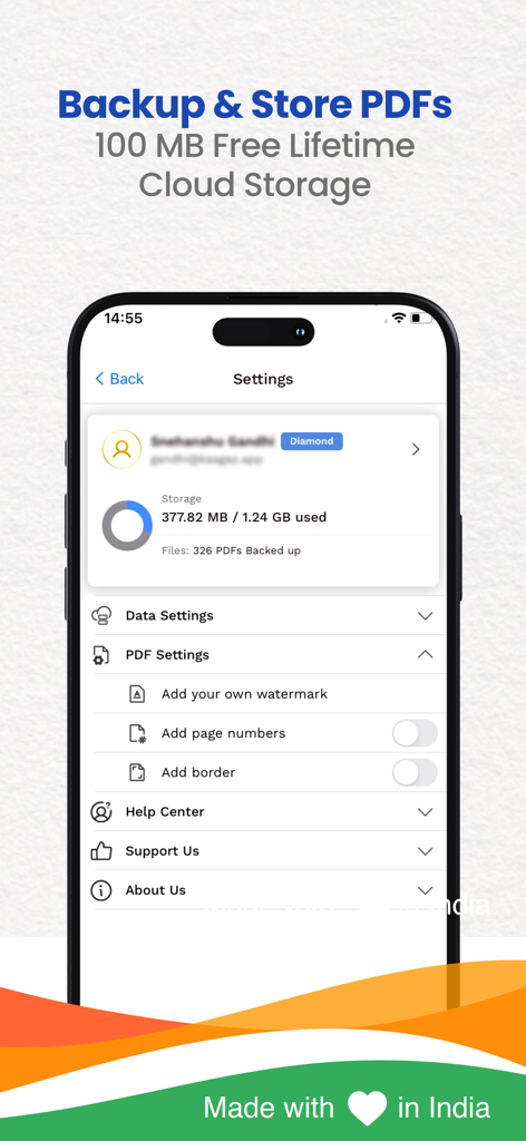 Kaagaz PDF Scanner & Compress - Kaagaz app interface displaying cloud storage status and PDF backup settings