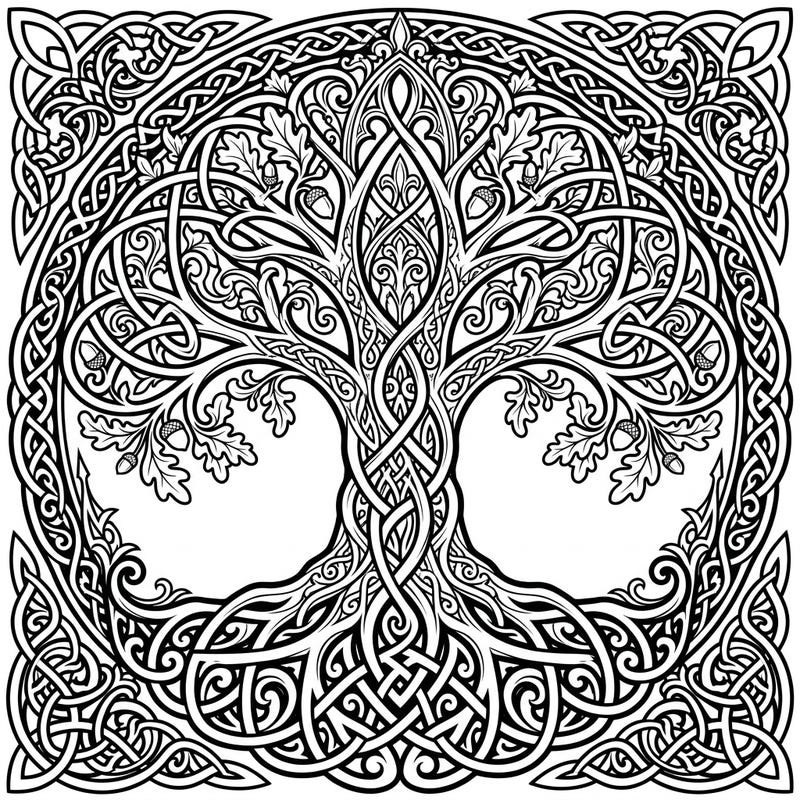 Immerse yourself in the dark elegance of this Gothic Celtic Tree Knots coloring page, where ancient symbolism meets intricate design. This detailed template captures the mystical essence of the Tree of Life, offering a uniquely satisfying coloring experience.