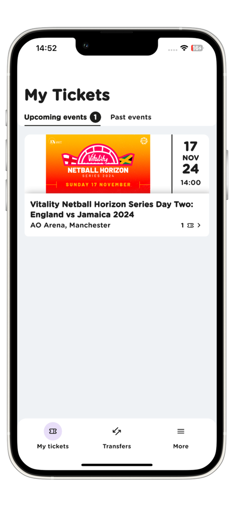 England Netball Tickets app interface showing a digital ticket for an upcoming event