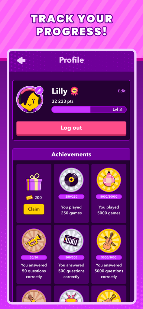 Trivial Music Quiz - User profile screen showing points, level, and unlocked music achievements in the Trivial Music Quiz app.