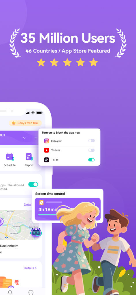 FamiSafe: Parental Control App - Interfaccia dell'app FamiSafe che mostra il blocco delle app per TikTok e il controllo del tempo di utilizzo con prova sociale di 35 milioni di utenti