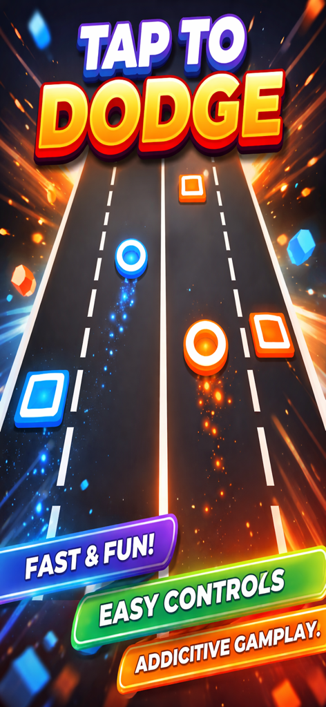 Captura de pantalla del juego 2 Dots Avoid Squares mostrando círculos esquivando obstáculos cuadrados en una pista dividida con controles fáciles