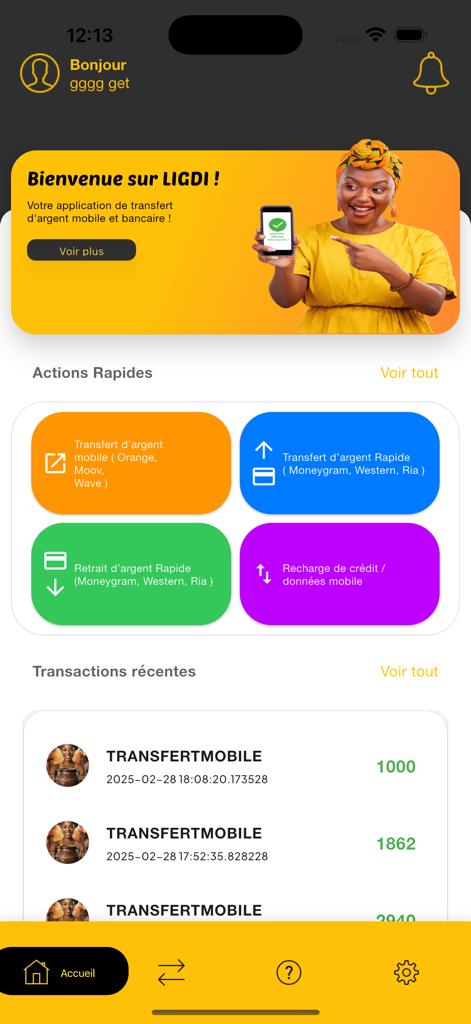 Startbildschirm der Ligdi-App mit Geldtransferoptionen und aktuellen Transaktionen