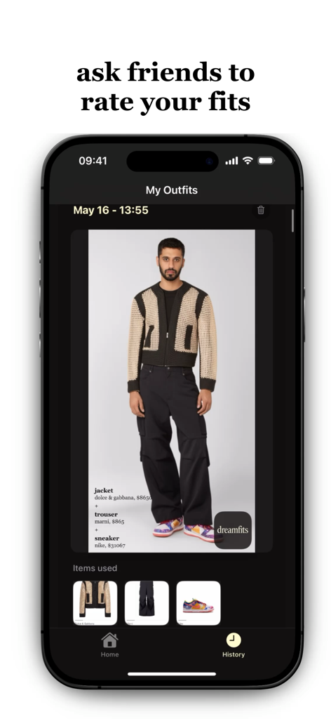 dreamfits: try on any clothes - A man wearing a virtually generated luxury outfit in the dreamfits mobile app