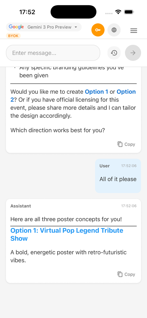 GG AI Chat - Interface of GG AI Chat app showing an assistant generating poster concepts for a user