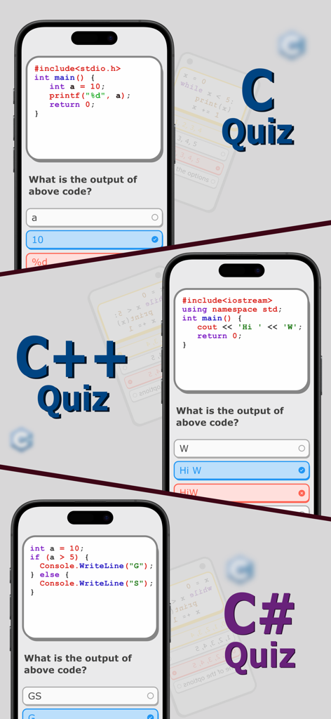 C, C++, C# Quiz - Mobile app interface showing coding quizzes for C, C++, and C# with code snippets and output questions.