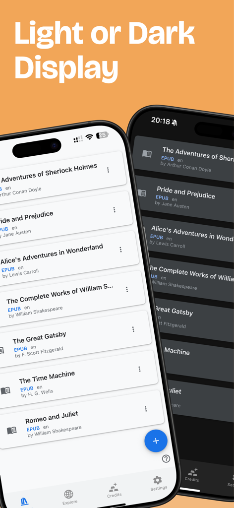 BookNPC - AI TTS eBook Reader - Comparação lado a lado do aplicativo BookNPC mostrando a biblioteca de eBooks em modos de exibição claro e escuro