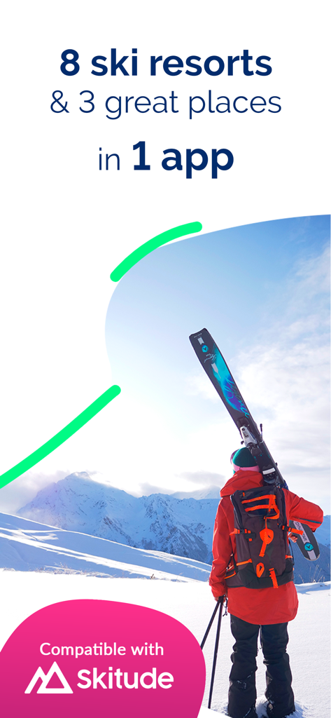 NPY ski app promotion featuring a skier looking at mountains and text highlighting eight resorts in one app