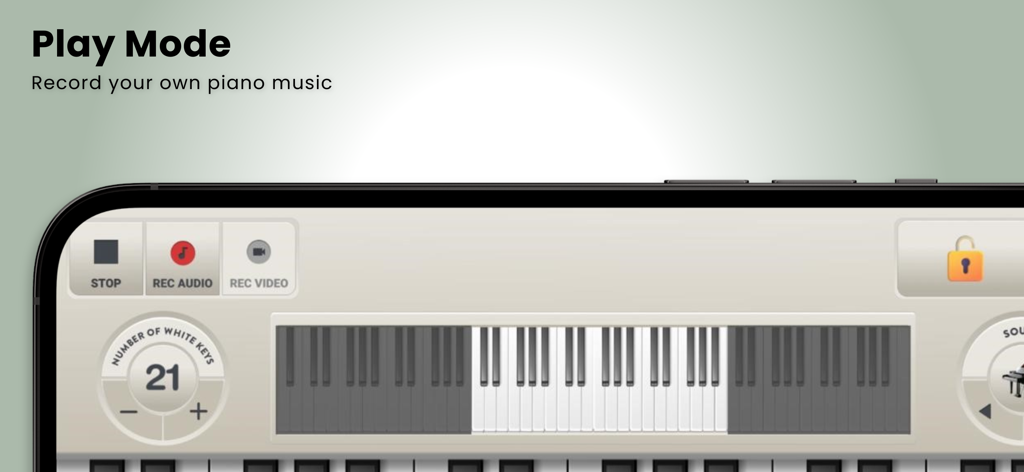 Schermata della modalità di riproduzione dell'app Tastiera Pianoforte Virtuale che mostra le opzioni di registrazione audio e video