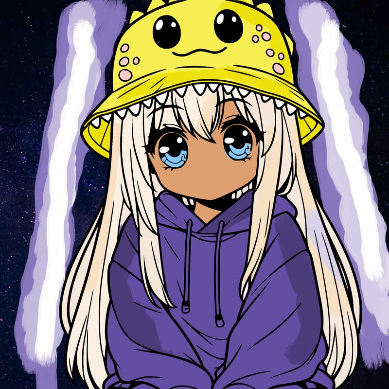 girl with anime shaped eyes with a dinosaur bucket hat oversized sweatshirt long straight hair