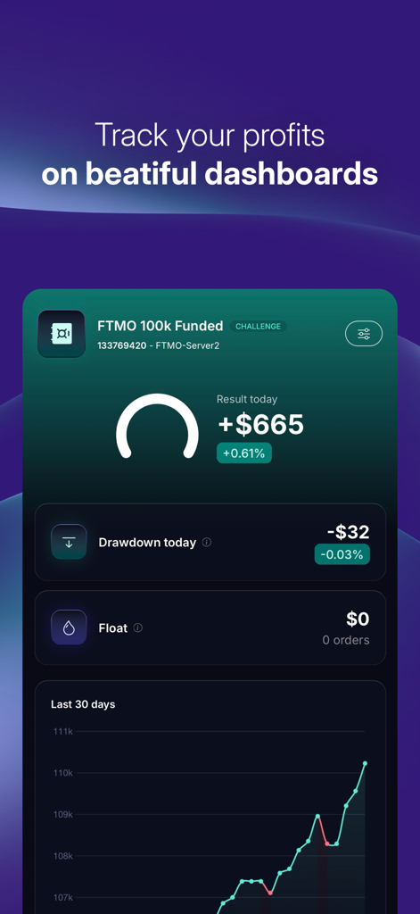 Zennbot - Zennbot mobile app dashboard showing daily trading profits and a 30-day performance growth chart.
