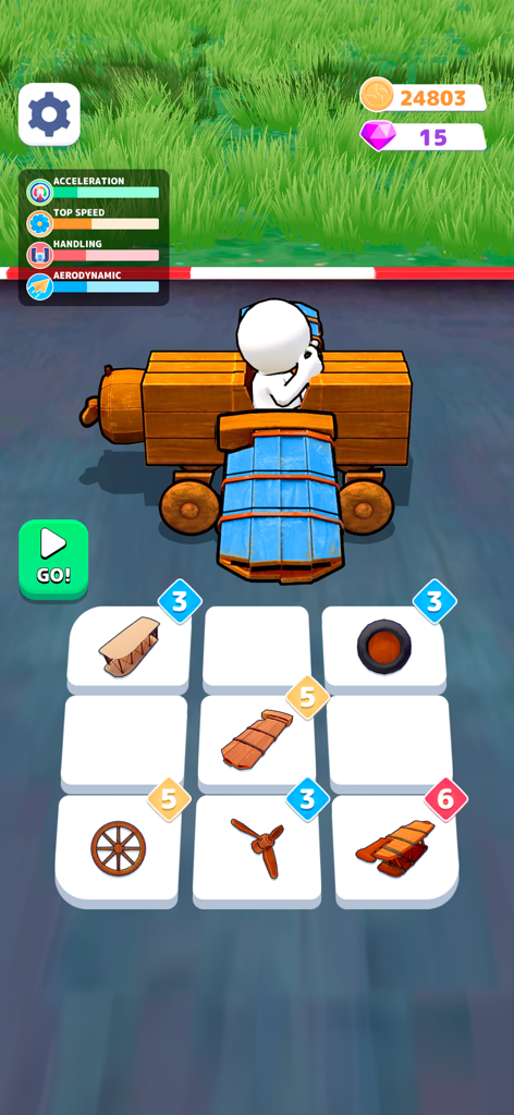 Jugador personalizando un avión de madera en el menú de constructor de Fly Challenge Plane Simulator