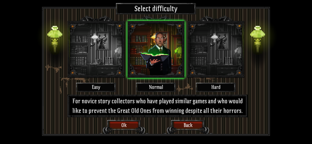 Difficulty selection screen in Lovecraft's Untold Stories featuring Easy Normal and Hard settings with pixel art graphics.