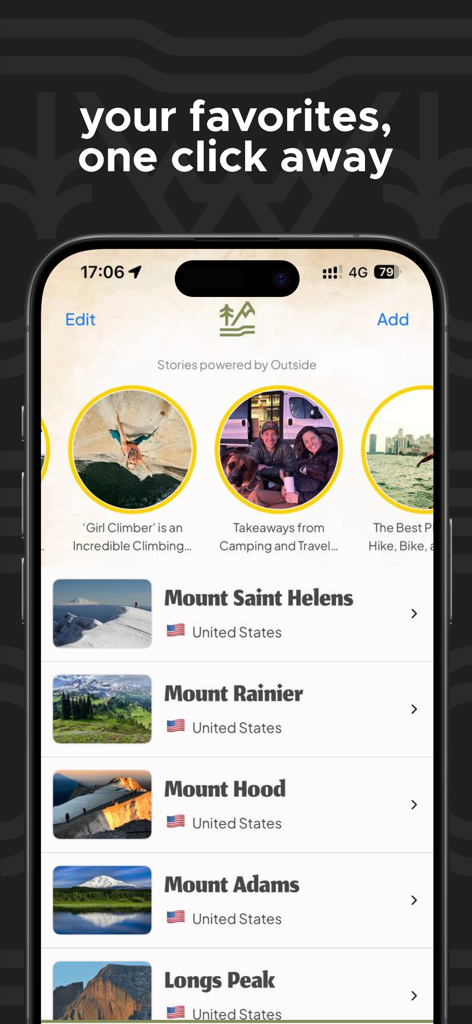 Mountain-Forecast app favorites screen showing a list of saved peaks and mountain stories.