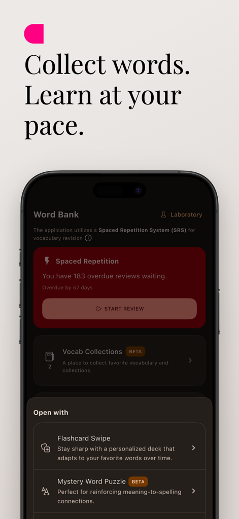 Onely: Advanced Vocab Builder - Onely app interface showing word bank and spaced repetition learning features