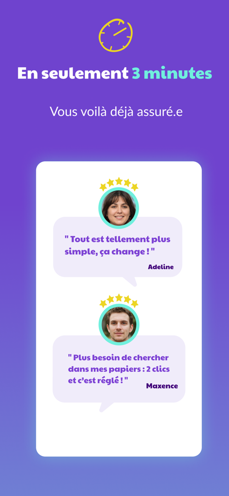 Capture d'écran de l'application Leocare montrant des témoignages d'utilisateurs et un message indiquant que les utilisateurs sont assurés en 3 minutes