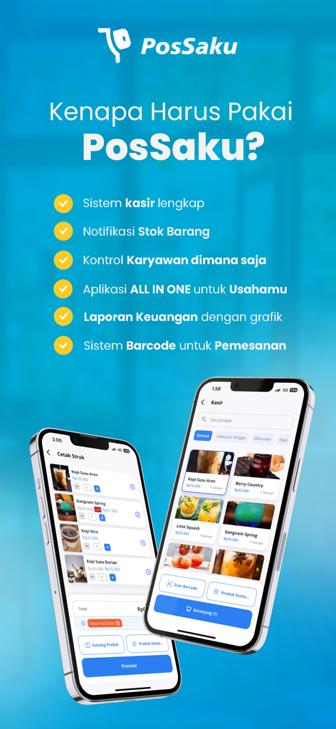 Kasir & Buku Kas PosSaku - Two iPhones showing the PosSaku all in one business app interface with cashier system and product lists