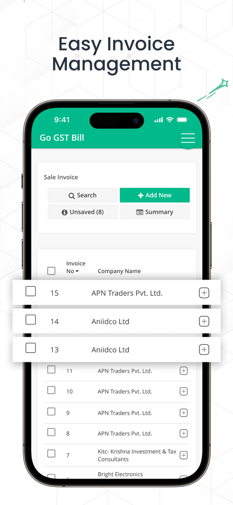 Go GST Bill - A smartphone screen displaying the Go GST Bill app invoice management interface with a list of recent sales invoices and business names.