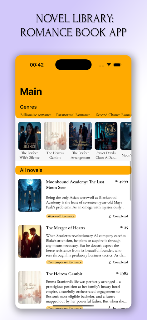 Interface of the Romance Stories app showing different book genres like Billionaire and Werewolf romance with a list of available novels.