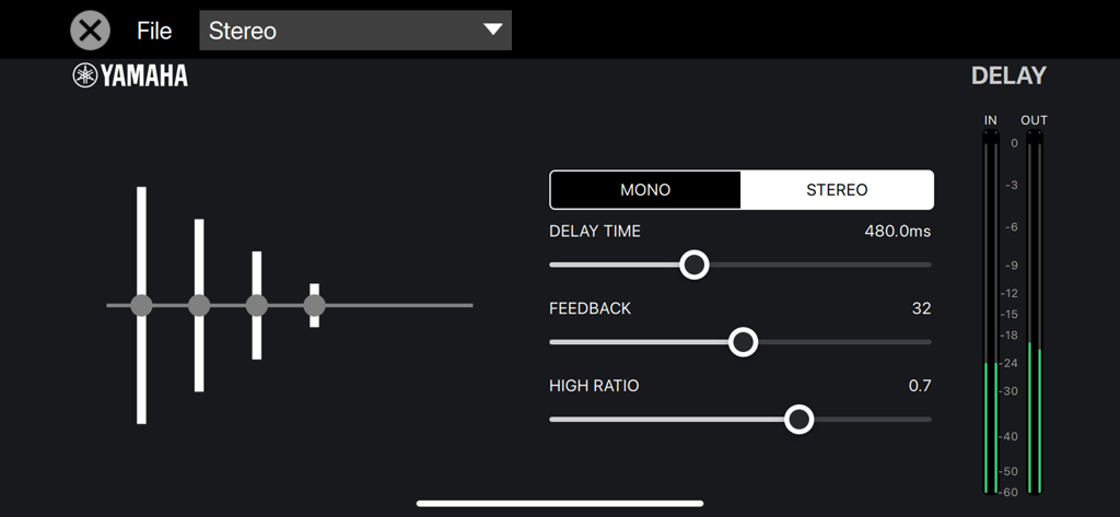 dspMixFx UR-C - Interface of the dspMixFx UR-C app showing stereo delay settings with sliders for time and feedback